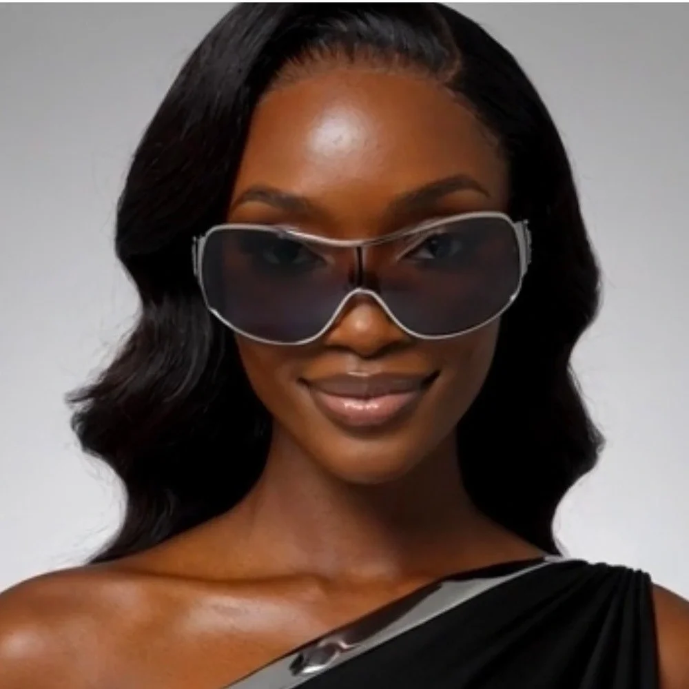 Silver‎ Shield Sunglasses Black Wrap Around UV400 Women Futuristic, Gorpcore New